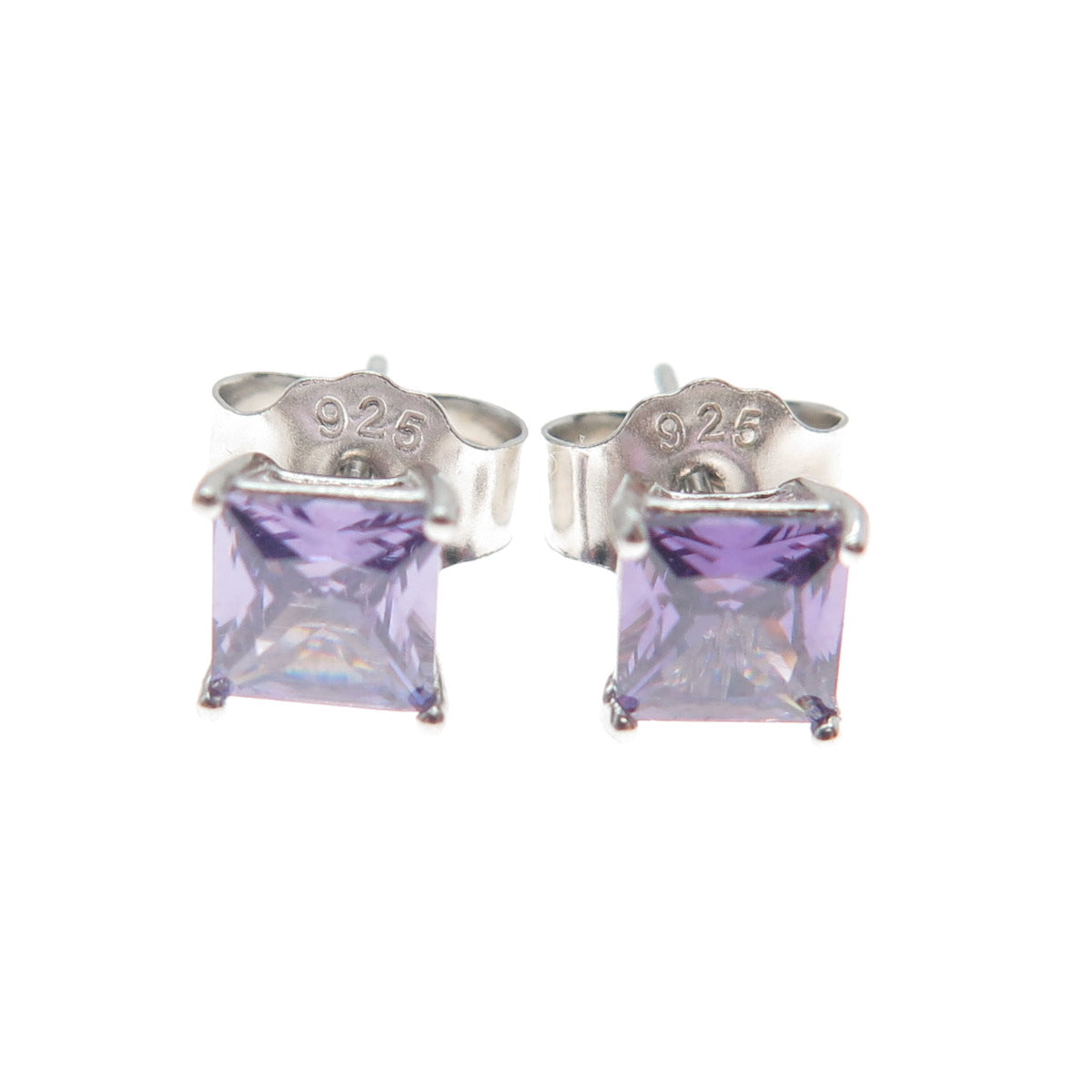 925 Sterling Silver Princess-Cut Purple C Z Stud Earrings