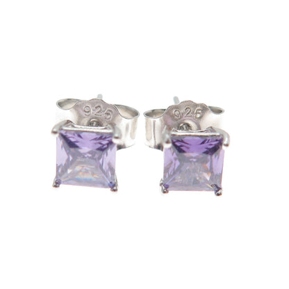 925 Sterling Silver Princess-Cut Purple C Z Stud Earrings