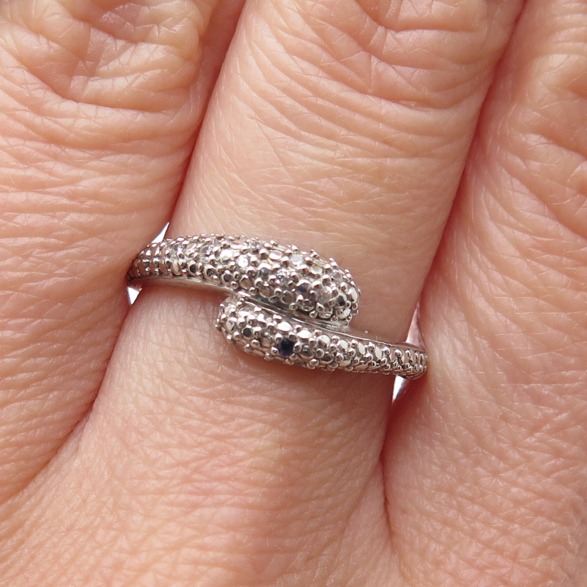 925 Sterling Silver Real Sapphire & White Topaz Bypass Ring Size 7.25