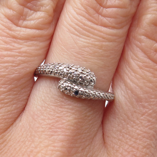 925 Sterling Silver Real Sapphire & White Topaz Bypass Ring Size 7.25