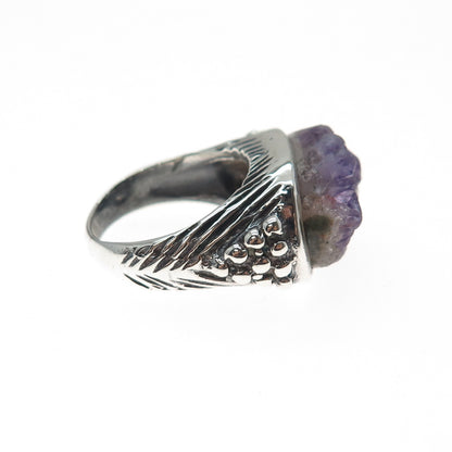 925 Sterling Silver Vintage Real Amethyst Modernist Beaded Ring Size 6.75