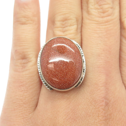 925 Sterling Silver Antique Art Deco Real Goldstone Gem Ring Size 7.75