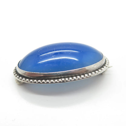 925 Sterling Silver Vintage Real Blue Glass Pin Brooch