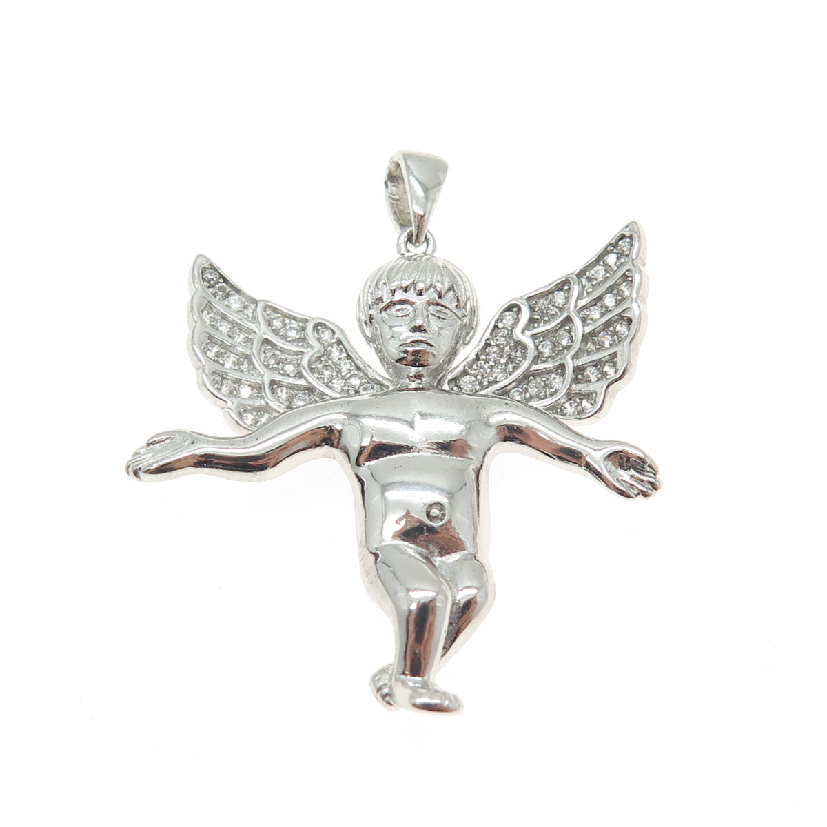 925 Sterling Silver Round-Cut Shaped C Z Cherub Angel Pendant