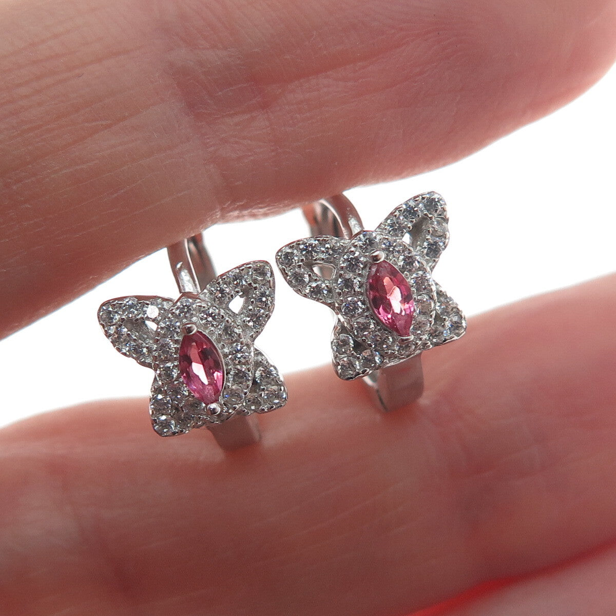 925 Sterling Silver Marquise-Cut Pink & Round White C Z Butterfly Hoop Earrings