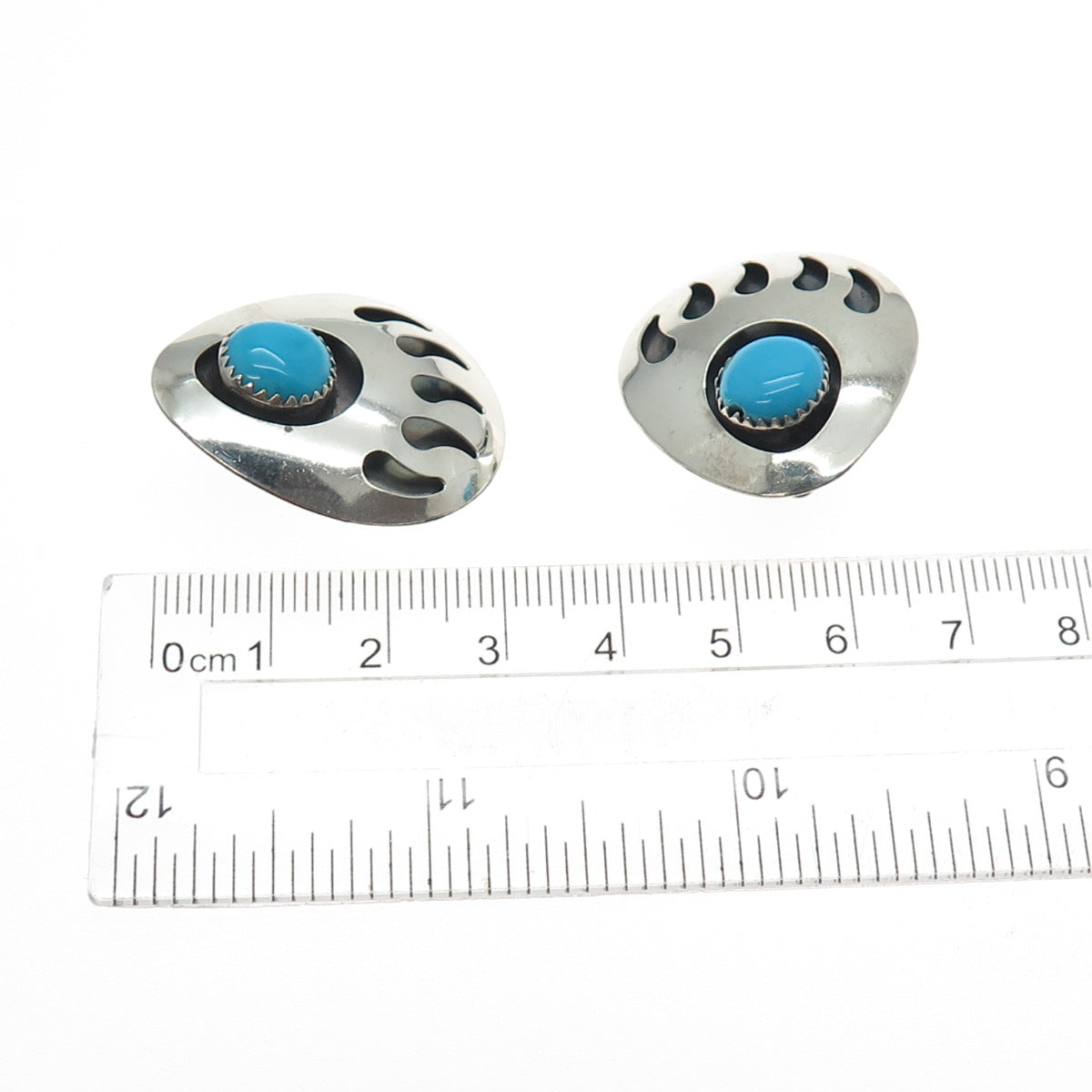 Old Pawn 925 Sterling Silver Vintage Turquoise Bear Paw Tribal Clip On Earrings