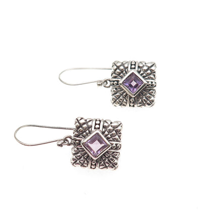 925 Sterling Silver Vintage Real Amethyst Oxidized Dangle Earrings