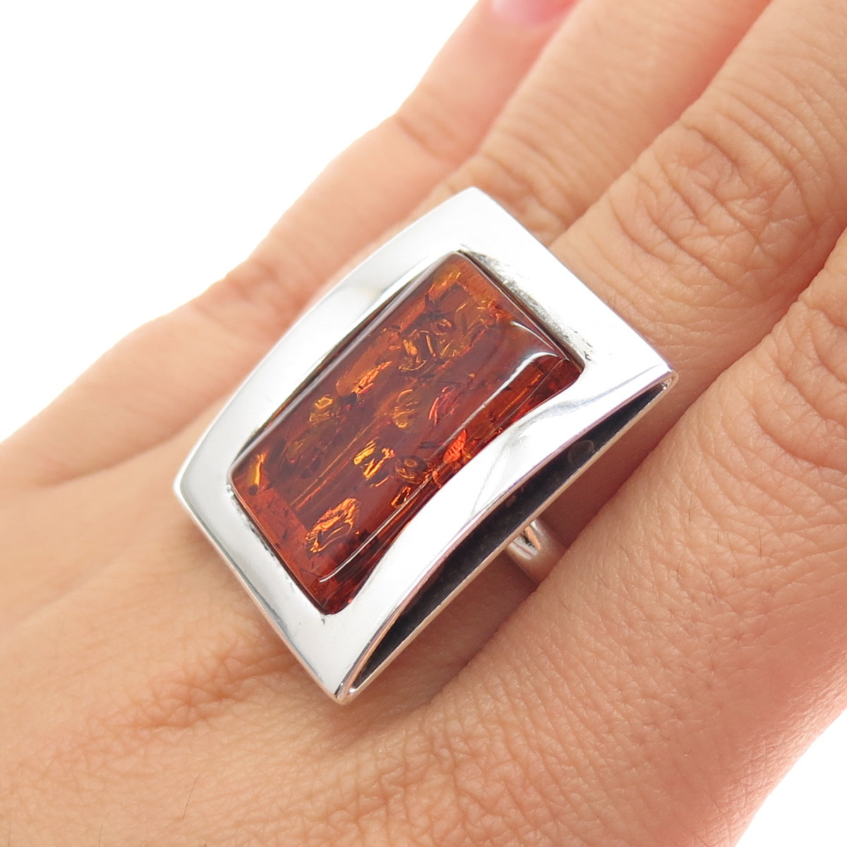 925 Sterling Silver Vintage Real Amber Modernist Ring Size 8.25
