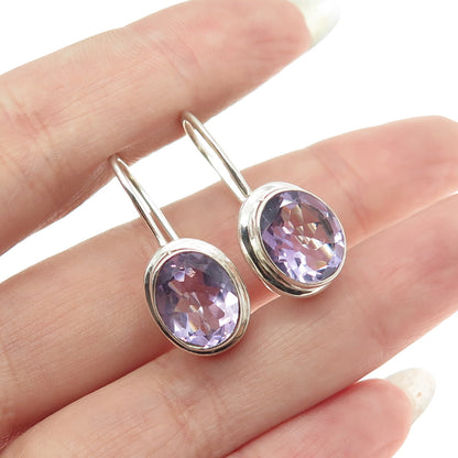 925 Sterling Silver Vintage Real Oval-Cut Amethyst French Wire Earrings