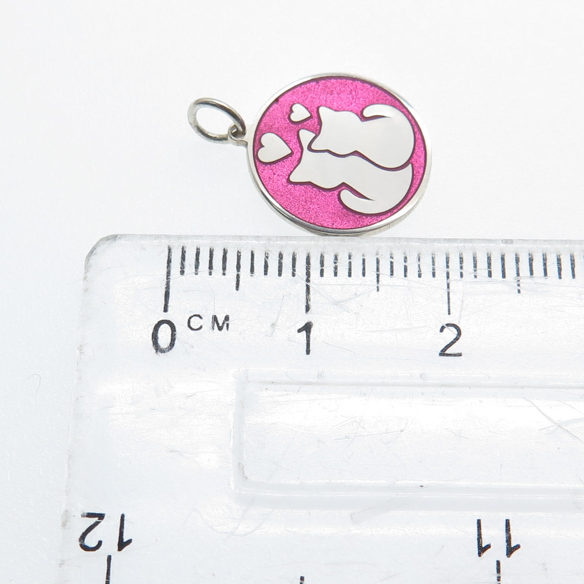 925 Sterling Silver Pink Enamel Cat Couple Round Tag Minimalist Charm Pendant
