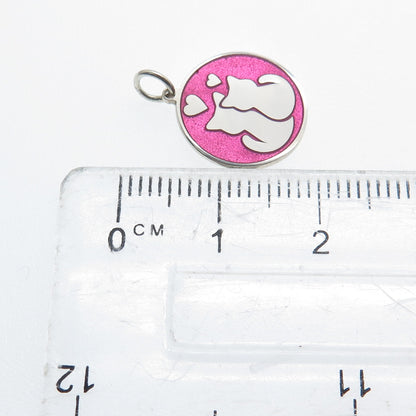 925 Sterling Silver Pink Enamel Cat Couple Round Tag Minimalist Charm Pendant