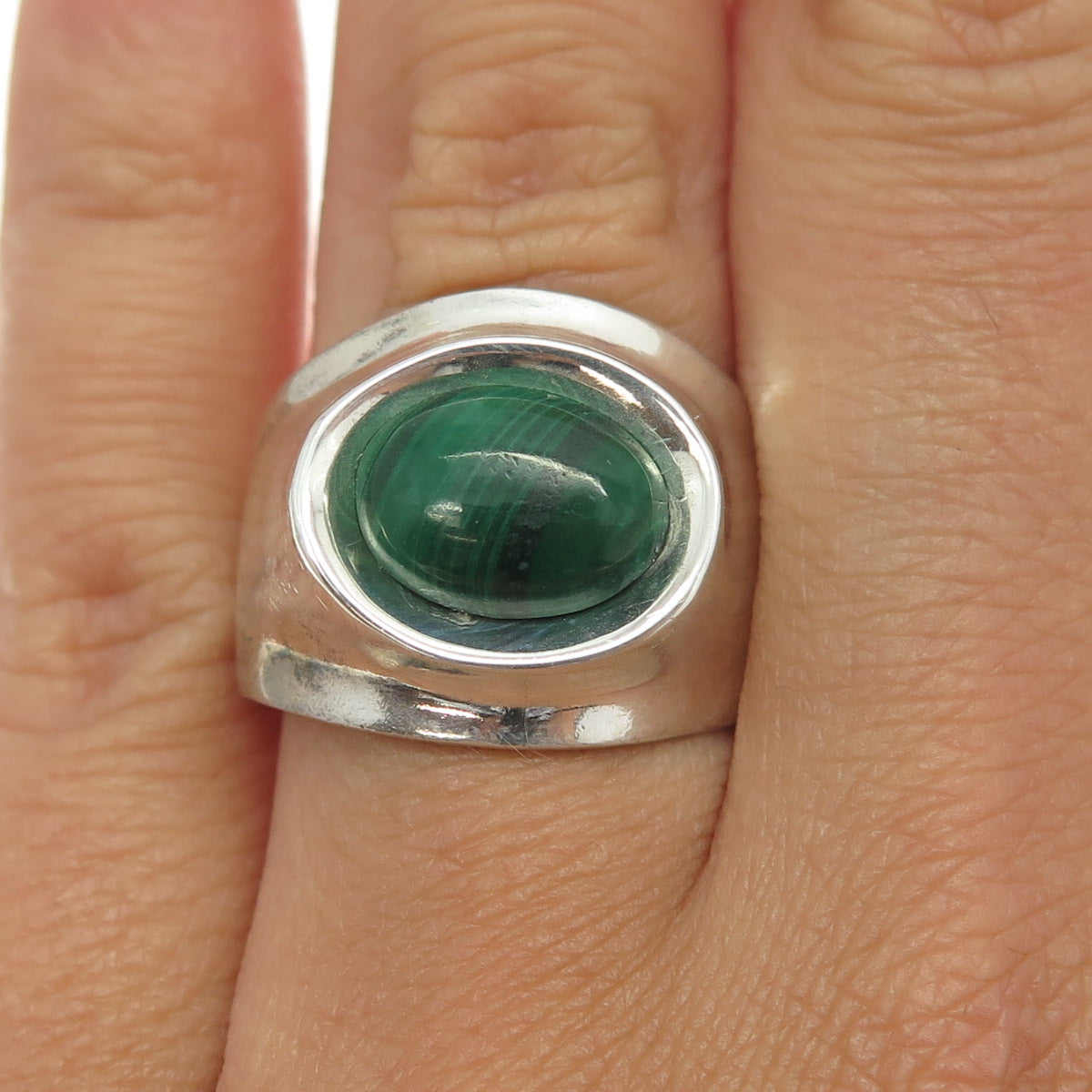 925 Sterling Silver Vintage Mexico Real Malachite Gemstone Ring Size 7.25