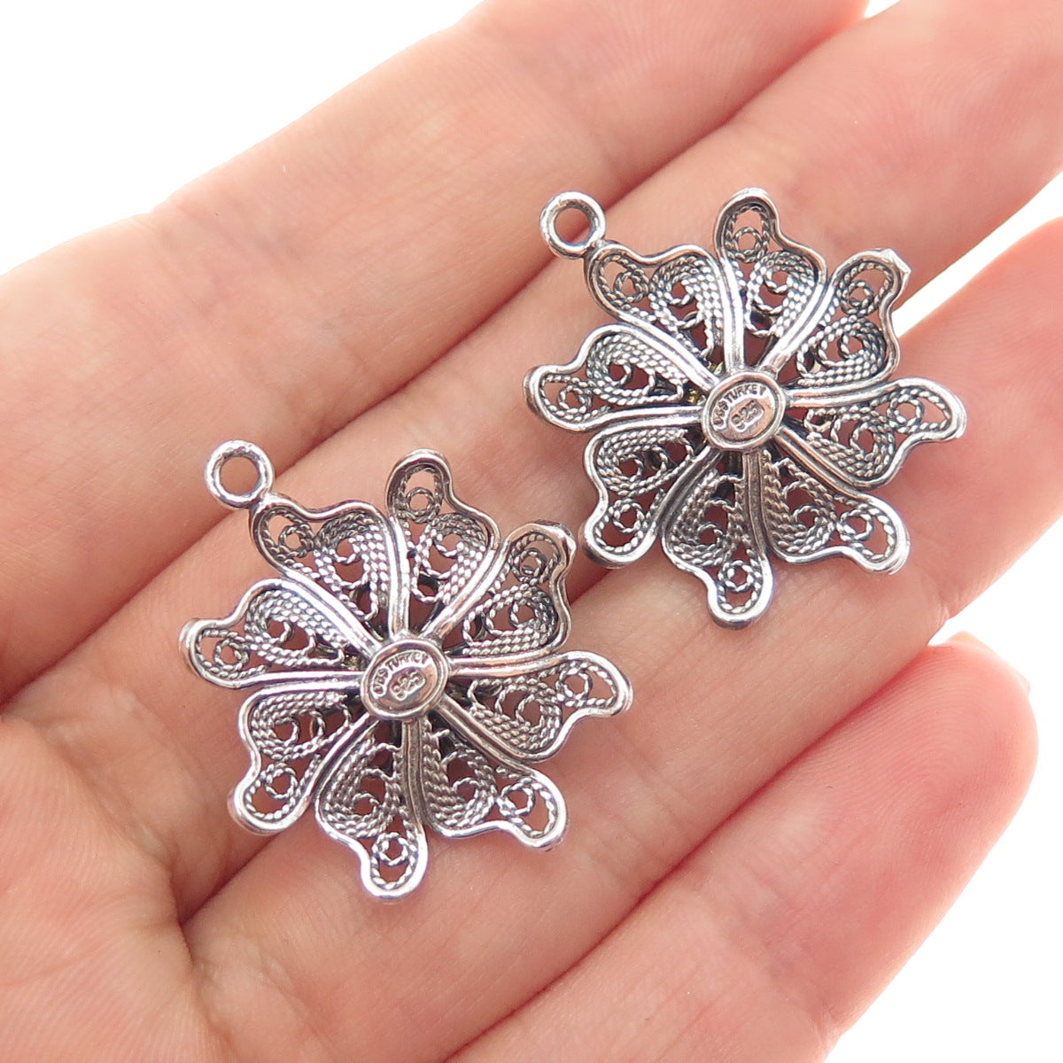 925 Sterling Silver Vintage Modernist Flower Filigree Oxidized Jacket Earrings