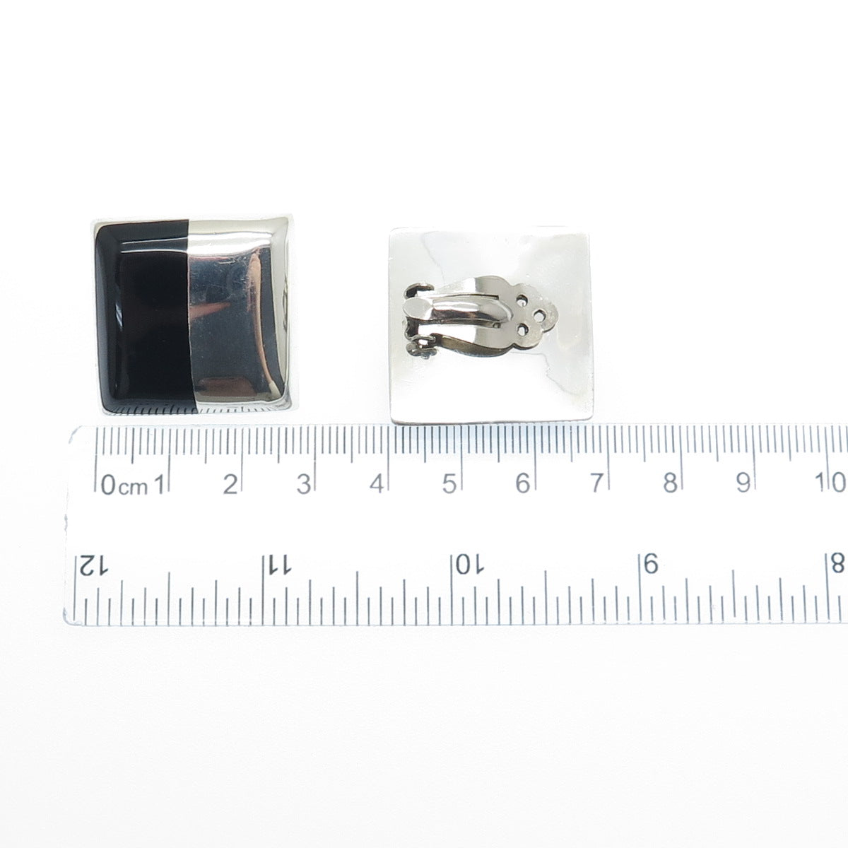 925 Sterling Silver Vintage Mexico Real Black Onyx Square Clip On Earrings