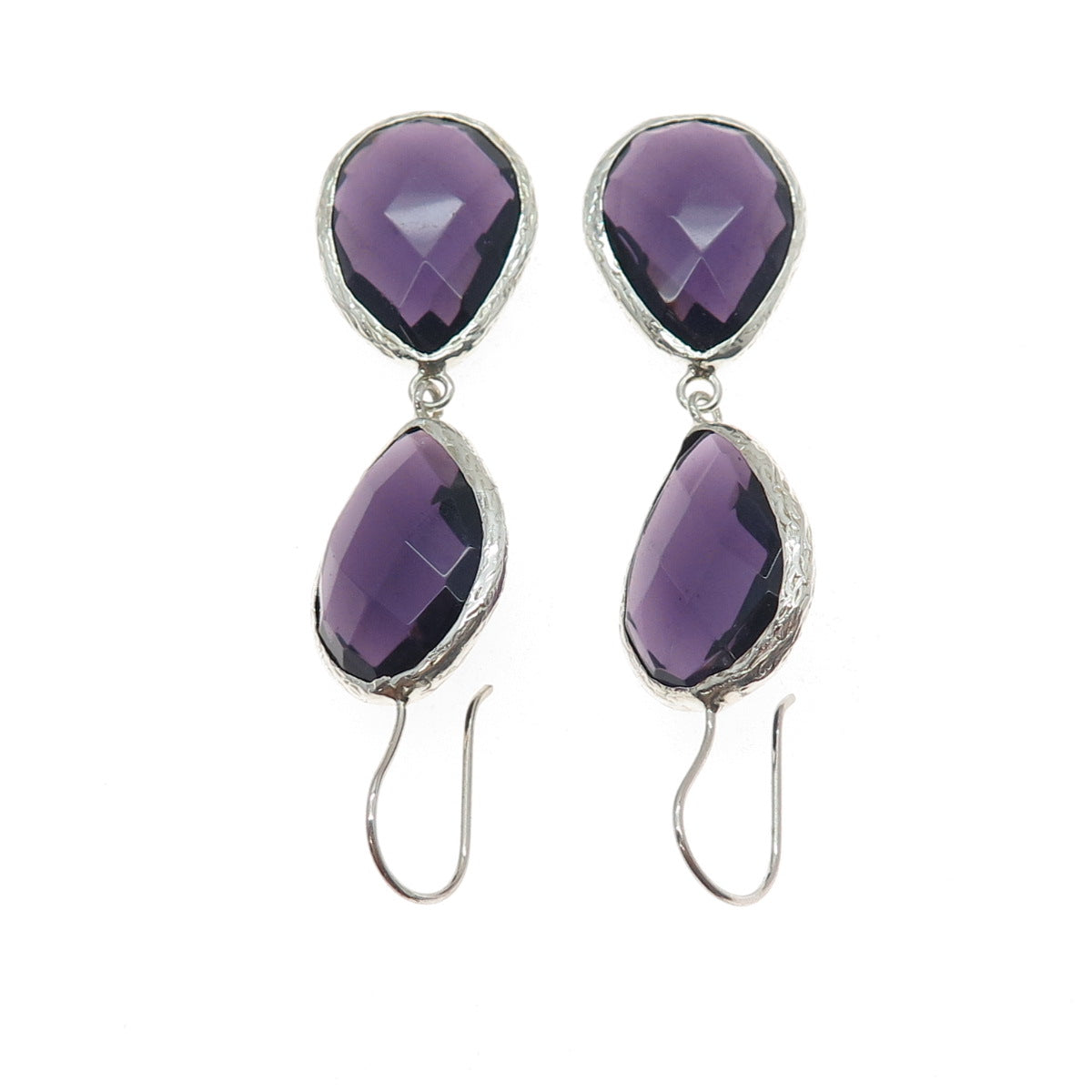 925 Sterling Silver Real Pear-Cut Amethyst Dangle Earrings