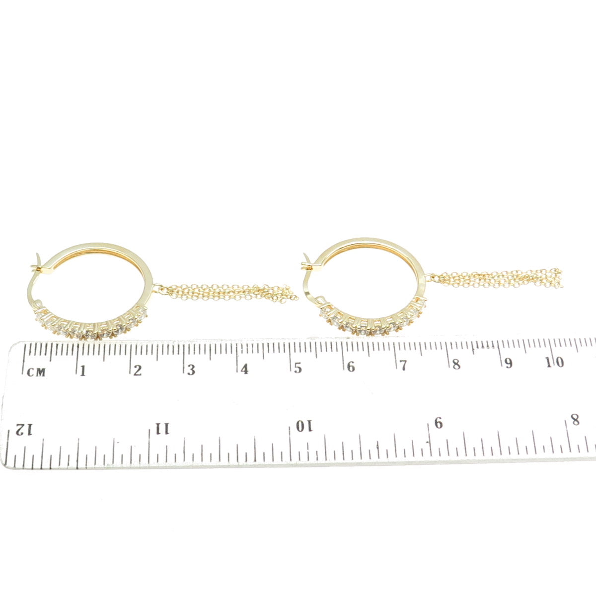 925 Sterling Silver Gold Plated Round-Cut C Z Tassel Hoop Earrings