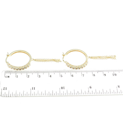 925 Sterling Silver Gold Plated Round-Cut C Z Tassel Hoop Earrings