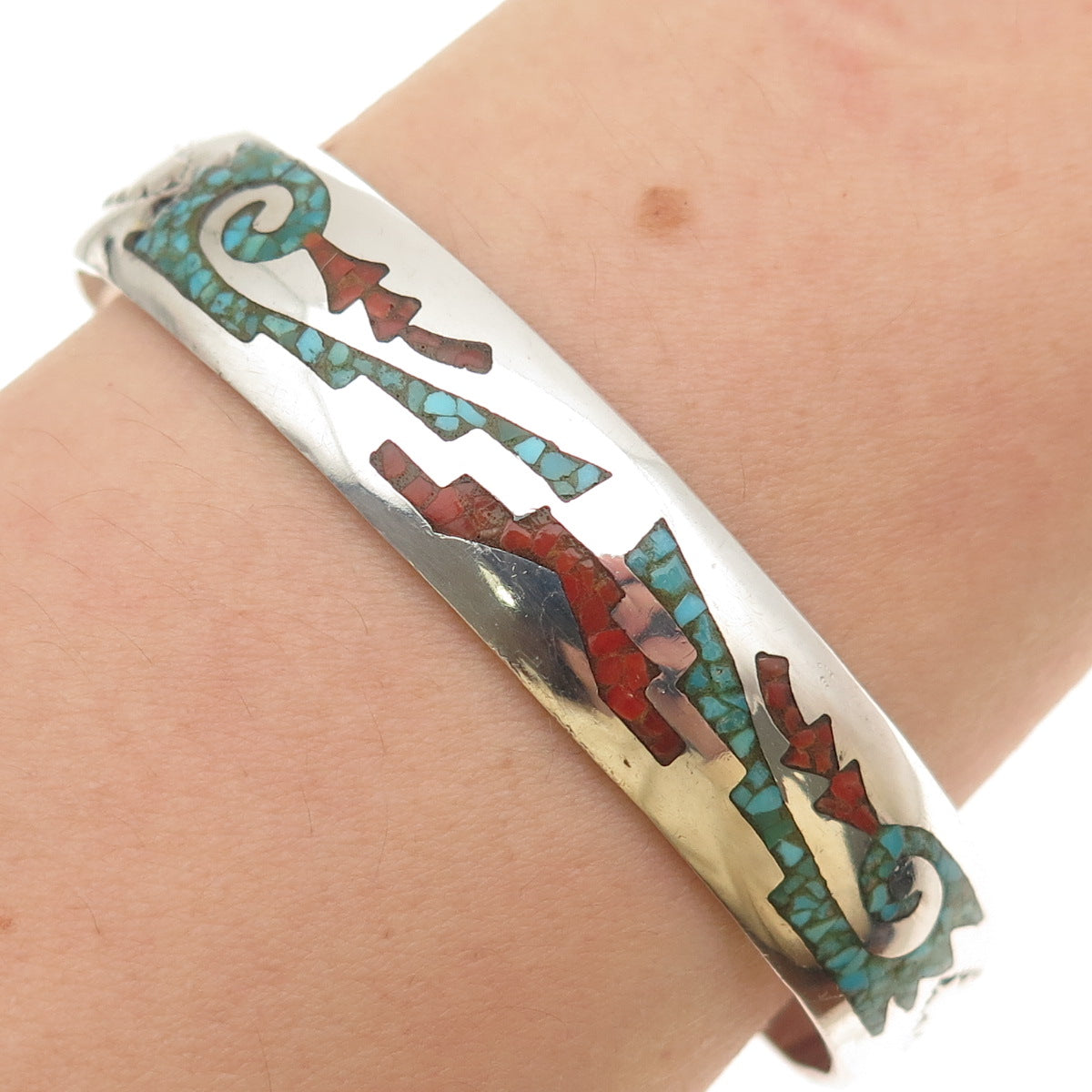 Delvin Nelson Navajo Old Pawn 925 Sterling Turquoise & Coral Inlay Bracelet 6.5"