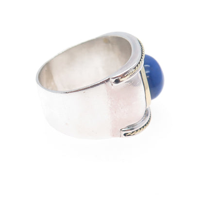 18K Gold 925 Sterling Silver Vintage Real Lapis Lazuli Modernist Ring Size 11.5
