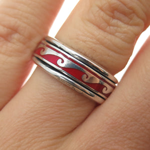 925 Sterling Silver Vintage Enamel Wave Rotating Band Ring Size 7.25
