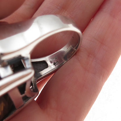 950 Silver Vintage Real Emerald-Cut Smoky Quartz Oxidized Ring Size 7