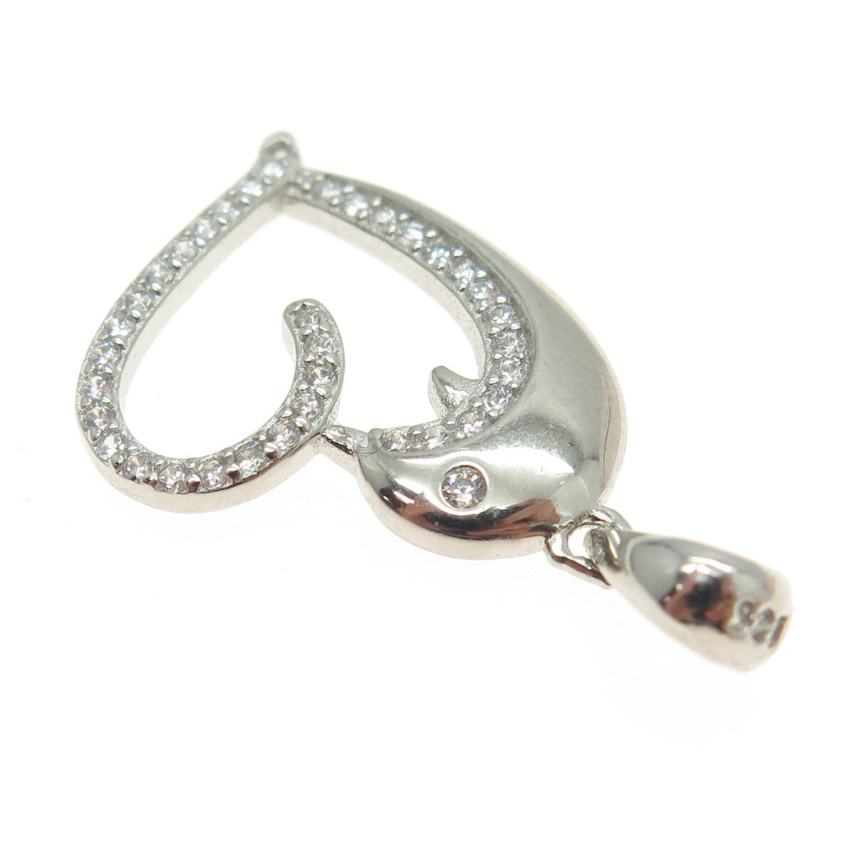 925 Sterling Silver Round-Cut C Z Dolphin Heart Pendant