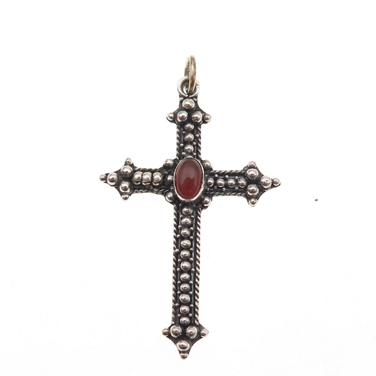 925 Sterling Silver Vintage Real Carnelian Beaded Cross Oxidized Charm Pendant