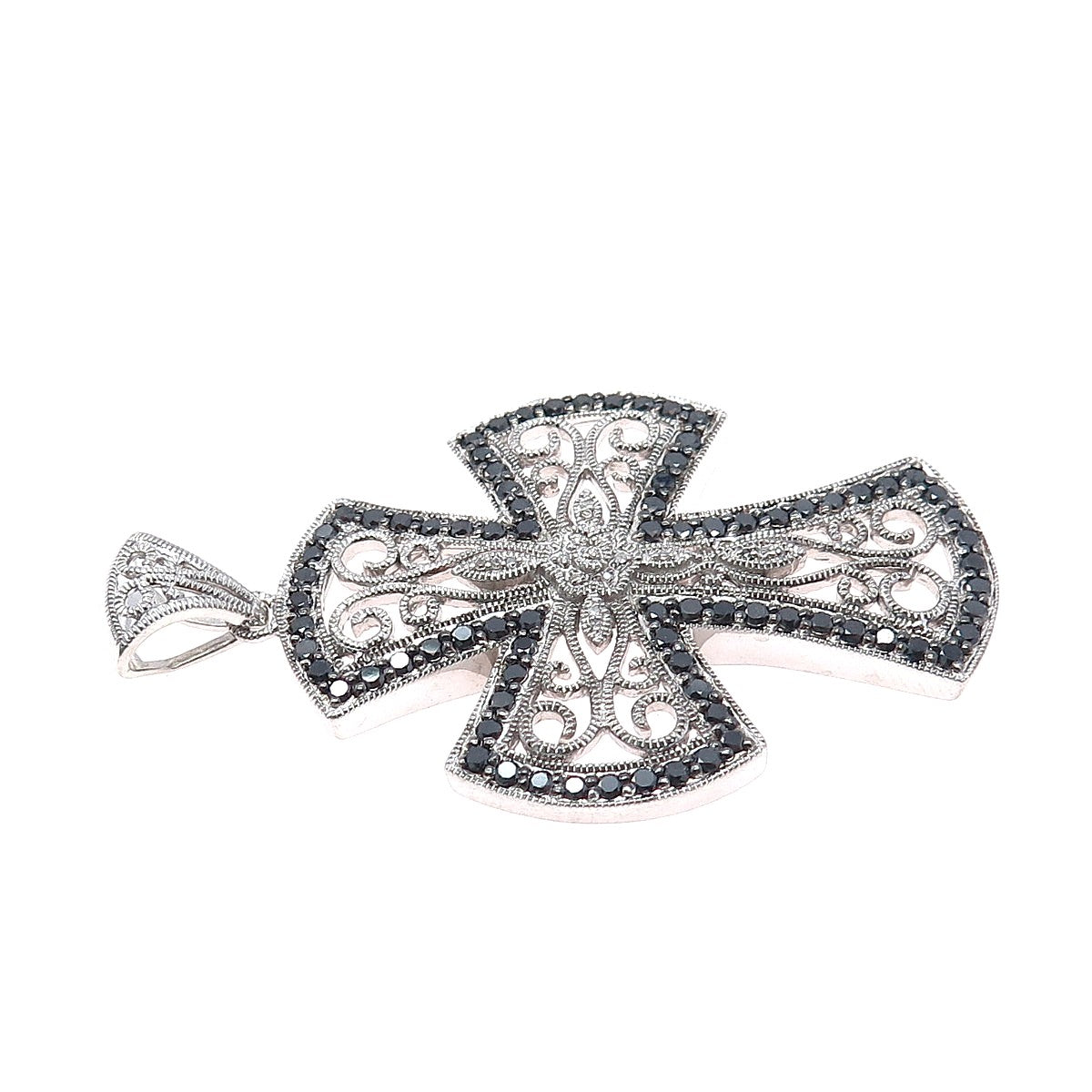 925 Sterling Silver Real Round-Cut Black Diamond Ornate Cross Pendant