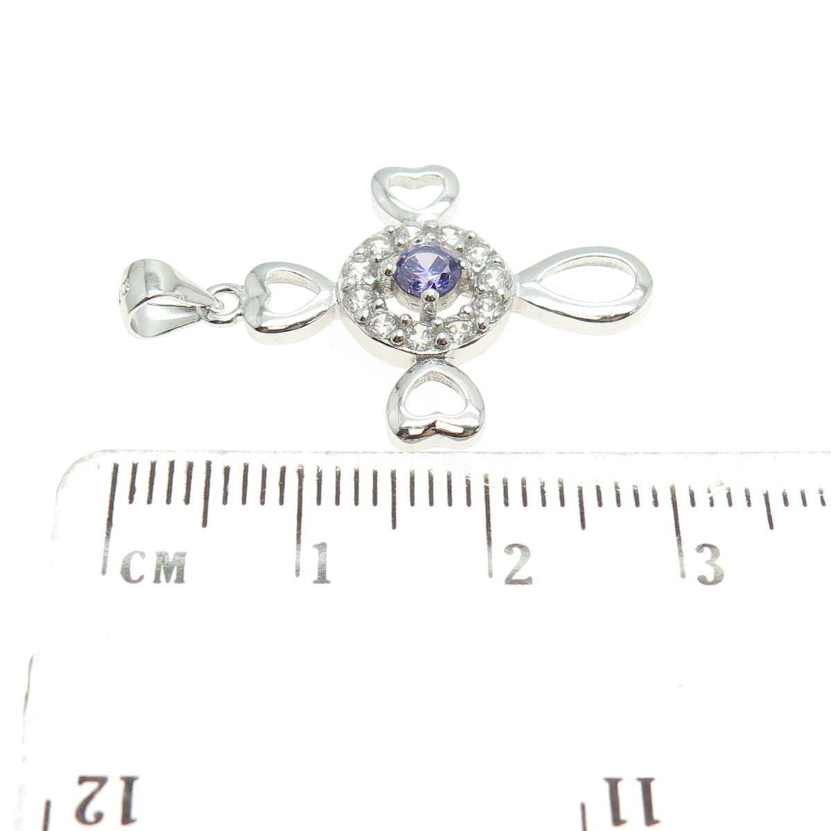 925 Sterling Silver Round-Cut Purple & White C Z Heart Cross Pendant