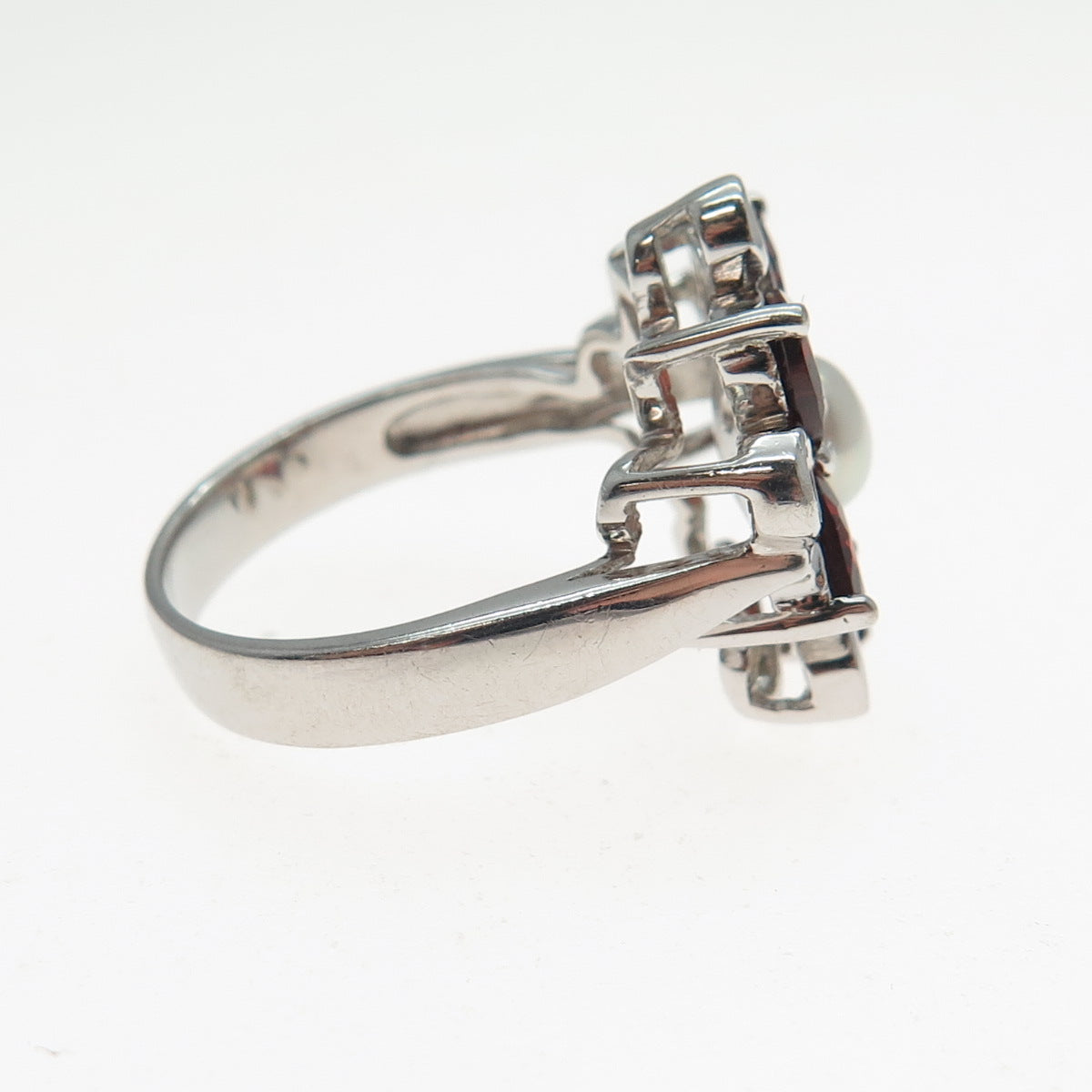 925 Sterling Silver Vintage Real Pearl Red Garnet Citrine Flower Ring Size 7.25