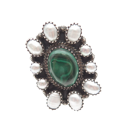 925 Sterling Silver Vintage Real Malachite & Pearl Statement Ring Size 9
