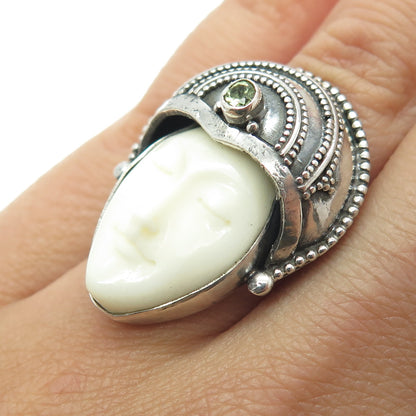 925 Sterling Silver Vintage Real Peridot & Carved MOP Moon Goddess Ring Size 6