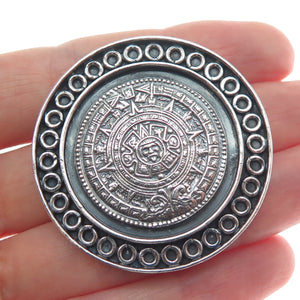 925 Sterling Silver Vintage Mexico Mayan Calendar Oxidized Pin Brooch / Pendant