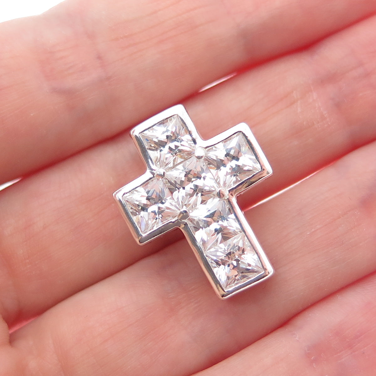 925 Sterling Silver Princess-Cut C Z Cross Minimalist Slide Charm Pendant