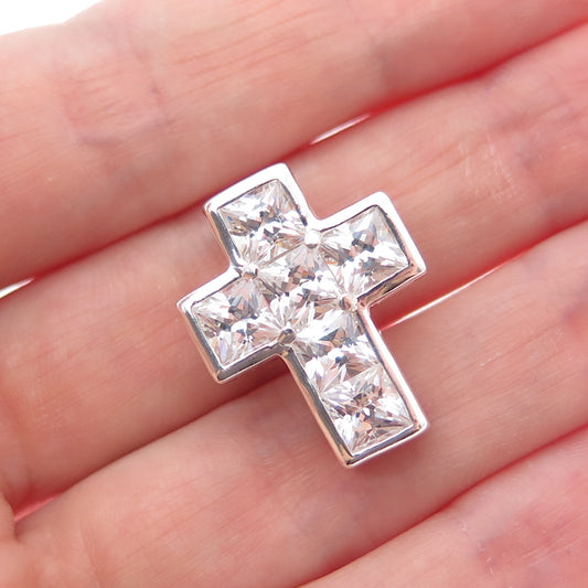 925 Sterling Silver Princess-Cut C Z Cross Minimalist Slide Charm Pendant