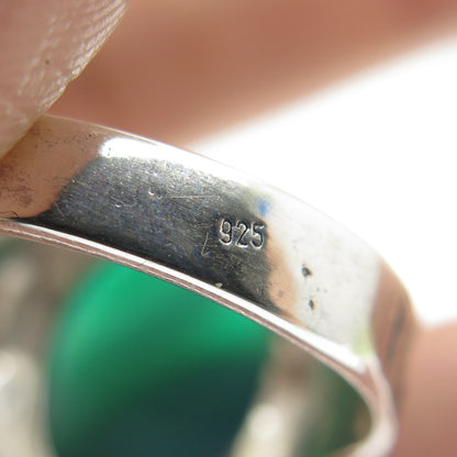 925 Sterling Silver Vintage Green Agate Flower Oxidized Ring Size 11.5