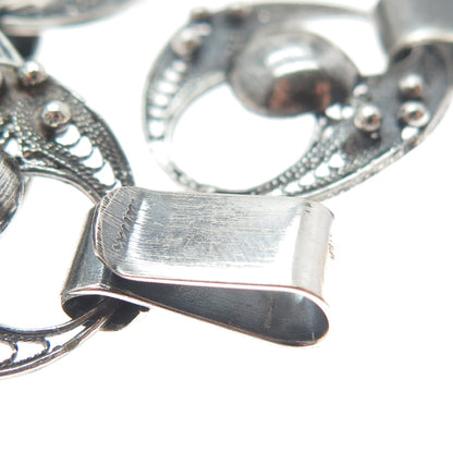 925 Sterling Silver Antique Art Deco Filigree Beaded Oxidized Link Bracelet 7.5"