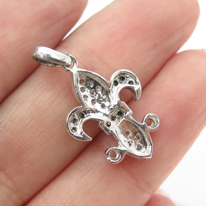 925 Sterling Silver Real Round-Cut Black & White Diamond Fleur de Lis Pendant