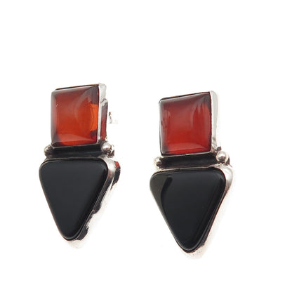 925 Sterling Silver Vintage Real Black Onyx & Amber Modernist Earrings