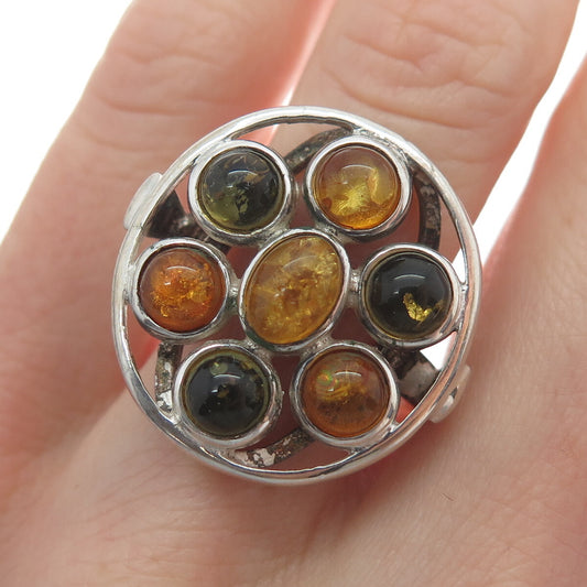 925 Sterling Silver Vintage Poland Multi-Color Amber Modernist Ring Size 8.5