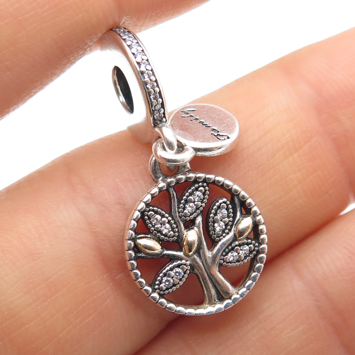 PANDORA 925 Sterling Silver Round-Cut C Z Tree of Life Family Dangle Charm