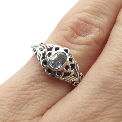 925 Sterling Silver Vintage Real Oval-Cut Blue Topaz Flower Ring Size 5.25