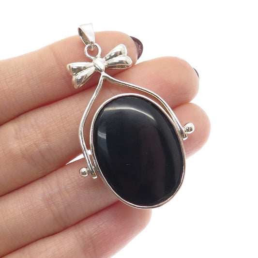 925 Sterling Silver Vintage Mother-of-Pearl & Black Onyx Gem Reversible Pendant