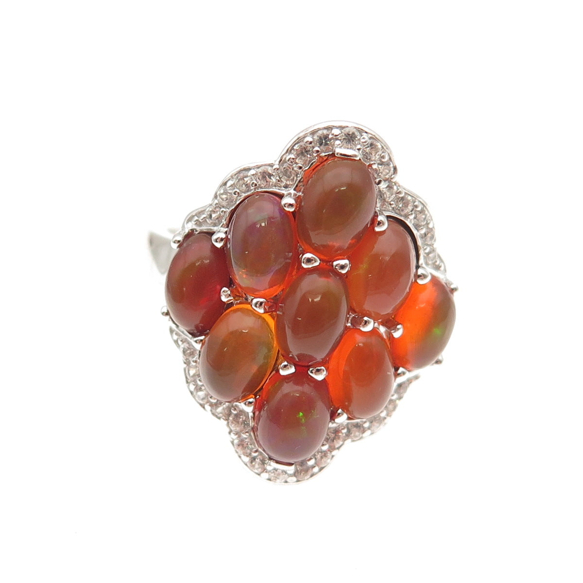 925 Sterling Silver Real Fire Opal & White Topaz Cluster Ring Size 8.25
