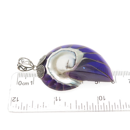 925 Sterling Silver Vintage Real Purple Nautilus Shell Modernist Pendant