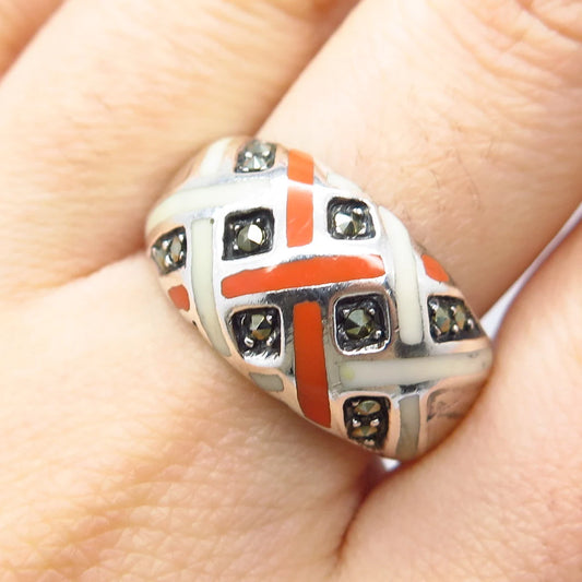 925 Sterling Silver Vintage Real Marcasite Gem & Enamel Ring Size 9.5