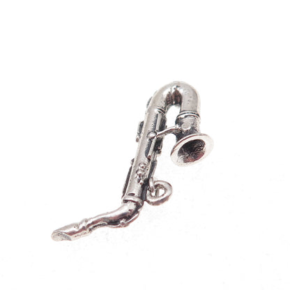 925 Sterling Silver Antique Art Deco Saxophone Oxidized 3D Charm Pendant