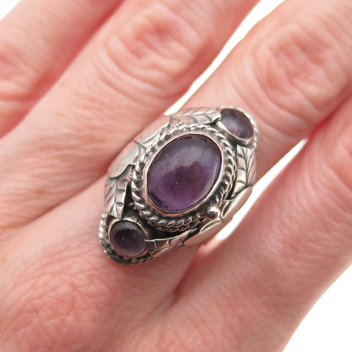 925 Sterling Silver Vintage Mexico Real Amethyst Adjustable Poison Ring Size 7.5