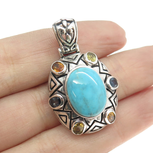 925 Sterling Silver Vintage Turquoise Blue Topaz & Citrine Gem Ethnic Pendant