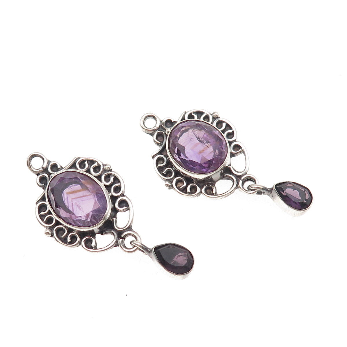 925 Sterling Silver Vintage Real Amethyst Swirl Oxidized Jacket Earrings